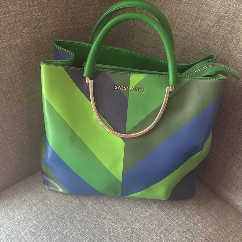 Sassy Jones Blue & Green vegan leather tote bag. EUC - Picture 3 of 7